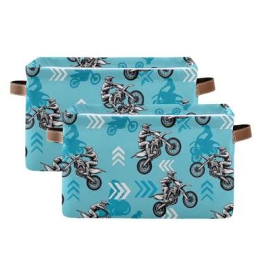 Imagem de Cesta de armazenamento retangular com alças – 36 cm x 26 cm cestas de lona de tecido dobrável para prateleiras, home office, motociclistas, azul, pacote com 2