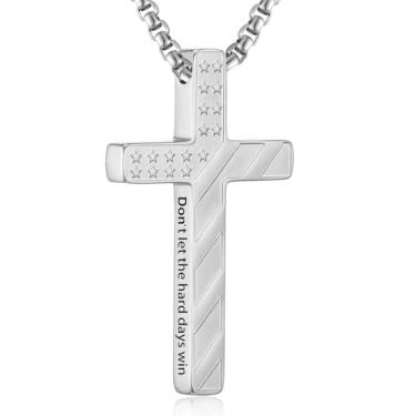 Imagem de RWQIAN Colar de cruz com bandeira americana para homens, corrente masculina com pingente de cruz e versículo da Bíblia de aço inoxidável, colar de crucifixo para cristãos, adolescentes, batismo
