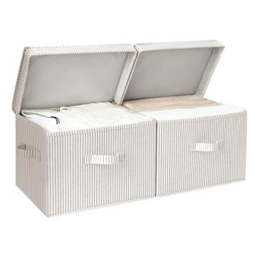 Imagem de StorageWorks Caixas de armazenamento de tecido com tampa, caixas de armazenamento decorativas para prateleiras, cesta organizadora de armário empilhável com alças, grande, listras, pacote com 2