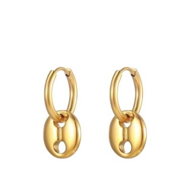 Imagem de Brincos de argola banhados a ouro amarelo 18K com pingente oval, design minimalista de pingente de gota para mulheres, banhado a ouro 18 quilates sobre aço inoxidável, joias modernas, resistente a