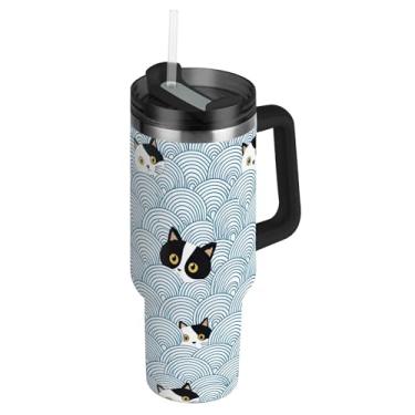 Imagem de Copos de onda azul com cara de gato preto e branco com tampa e canudo copo térmico de 850 g com alça garrafas de água isoladas caneca de café quente de aço inoxidável para carro