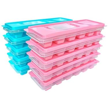 Imagem de Kit 10 Formas de Gelo com Tampa Facil de Encher 12 Cubos (Azul e Rosa)