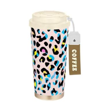 Imagem de TSENQUE Copo de café de 473 ml com canudo e tampa de enchimento, revestimento cerâmico, isolamento a vácuo, aço inoxidável, copo de café para viagem, à prova de vazamento, estampa de leopardo preto