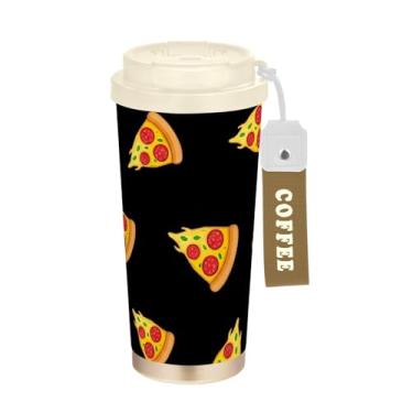 Imagem de TSENQUE Caneca de café de viagem de 473 ml com tampa de canudo e filp, copo de parede dupla isolado a vácuo com revestimento cerâmico, fatias de pizza de desenho animado preto