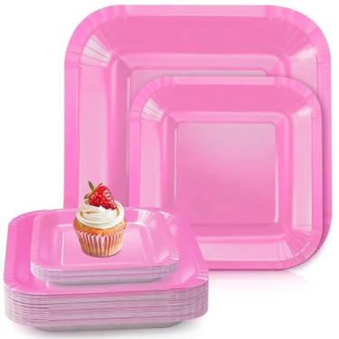 Imagem de RXLWYUNLAE 30 peças de pratos quadrados de papel - pratos descartáveis de festa rosa, suprimentos de festa de aniversário de casamento (rosa, 18 cm, 23 cm)