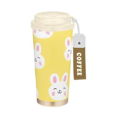 Imagem de TSENQUE Caneca de café de viagem de 473 ml com tampa de canudo e filp, copo de café de aço inoxidável à prova de vazamento para escritório, escola, festa, acampamento, desenho fofo, coelhos brancos