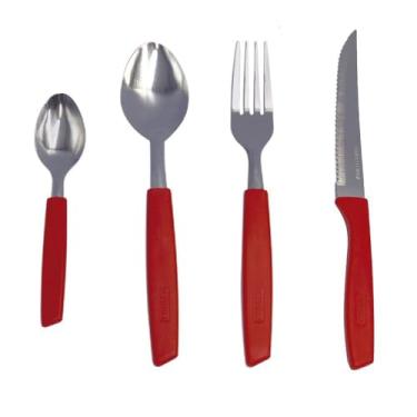 Imagem de Conjunto de Talheres Capri 25 Peças, Vermelho, Aço Inox e Plástico, 6 Facas 6 Colheres 6 Garfos 6 Colheres de Chá com Suporte