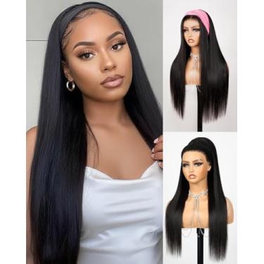 Imagem de Megalook hair Peruca Reta De Cabelo Humano Com Faixa De Cabeça, Cabelo Humano Com Cordão, Rabo De Cavalo, Extensão, Feita À Máquina, Sem Renda, Pronta Para Usar, Sem Cola, Peruca Preta Natural, 28