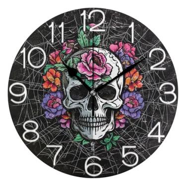 Imagem de GAIGEO Relógio de parede analógico decorativo escritório cozinha relógio redondo sem tique-taque silencioso, sala de estar decoração de parede moderna crânio branco flores teia preta, 25 cm, ponteiros