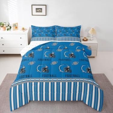 Imagem de jejeloiu Conjunto de edredom de futebol americano, tamanho casal, Detroit, para crianças, mulheres, homens, ultramacio, rúgbi, futebol americano, cidade, azul, cinza, respirável, macio, leve