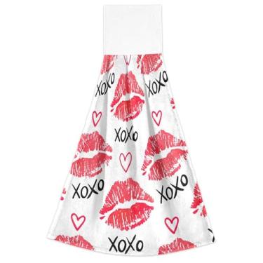 Imagem de Batom branco vermelho beijos toalhas de cozinha com laço de pendurar absorvente macio forno toalha de dedo conjunto de 2, toalha de cozinha bonita decorativa 18,2 x 14 polegadas