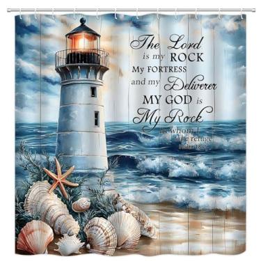 Imagem de VPUPCN Cortina de chuveiro de farol náutico, verão, praia, litoral, oceano, estrela-do-mar, concha, versículo bíblico, vintage, paisagem marítima, cortinas de poliéster, decoração de banheiro com