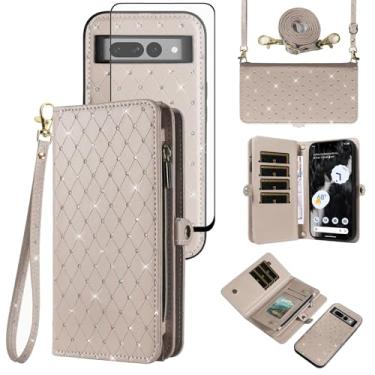 Imagem de Asuwish Capa de celular para Google Pixel 7 Pro 5G com zíper carteira destacável com película de vidro temperado, alça flip com glitter, compartimento para cartão Pixel7Pro Pixel7 XL Seven 7Pro 6.7