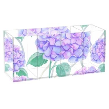 Imagem de TSENQUE Suporte de caneta personalizado para decoração de casa, arte de hortênsia, flores de hortênsia, roxo, azul, escritório, suporte de acrílico, pincel de maquiagem, porta-copos