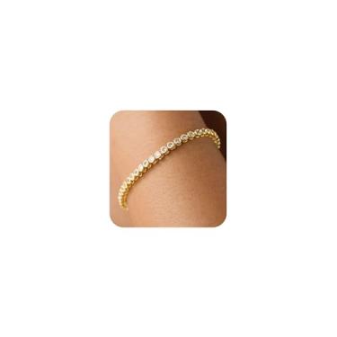 Imagem de TDBSOQI Pulseira de tênis banhada a ouro 14 k com bisel de zircônia cúbica de 3 mm delicadas pulseiras de ouro para mulheres noivas verde esmeralda CZ pulseira de tênis joia de casamento tamanho 16,75