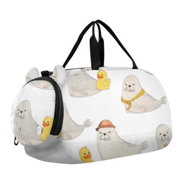 Imagem de Sacola de viagem com glitter rosa vibrante para meninas, bolsas de viagem para fim de semana, bolsa esportiva infantil para meninos, Vedações fofas bege brancas, Clássico