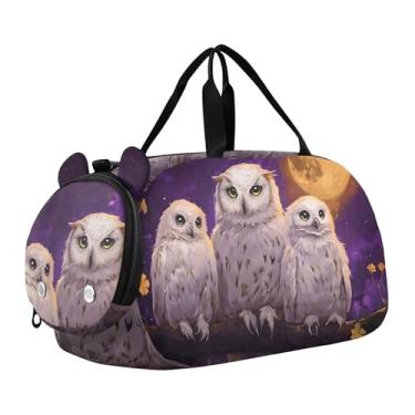 Imagem de Bolsa esportiva de viagem para meninos, burro, desenho animado, cavalo, durante a noite, para o fim de semana, bolsas de viagem, bolsa esportiva de dança, Mystical Owls, lua cheia, roxo, Clássico