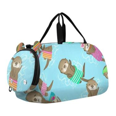 Imagem de Bolsa esportiva para meninos, pássaro azul, rosa, borboleta, passeio, pernoite, para meninas, bolsa de viagem para crianças, Roupa de banho colorida divertida lontras, Clássico