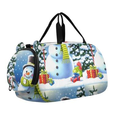 Imagem de Sacola de viagem com ursinho de pelúcia abraçando boneco de neve, bolsa de viagem infantil, bolsa esportiva para meninos, Presentes de boneco de neve, árvores de Natal, Clássico