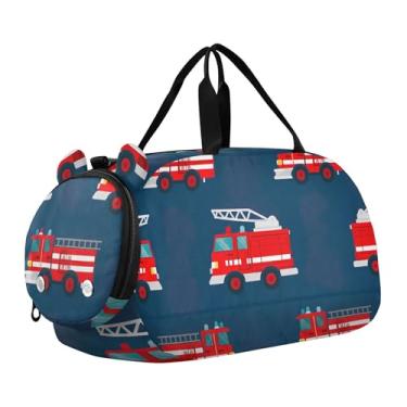Imagem de Bolsa esportiva para meninos durante a noite para o fim de semana, flores alegres, céu azul, bolsas de viagem para academia, bagagem infantil, Caminhões de bombeiros vermelhos de desenho animado azul
