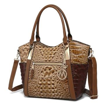 Imagem de MKF Collection Bolsa de mão para mulheres: Bolsa de ombro de couro PU – Bolsa com alça superior, livro de bolso feminino por Mia K, Croco Taupe Chocolate