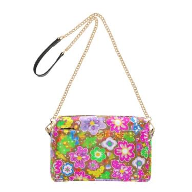 Imagem de Joitme Bolsa feminina tiracolo flor marrom estampa colorida bolsa para celular bolsa de couro PU bolsa de ombro alça de corrente