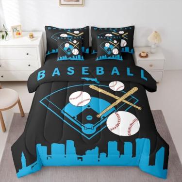 Imagem de Conjunto de edredom completo de beisebol com 7 peças, conjunto de cama para meninos, softball, esportes, construção de cidade, azul e preto, para crianças, adolescentes, jovens, homens, decoração de