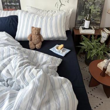 Imagem de mixinni Conjunto de edredom vintage azul claro e branco listrado tamanho Queen - Conjunto de cama de 3 peças de algodão lavado macio (1 edredom + 2 fronhas), padrão geométrico retrô, respirável e fofo