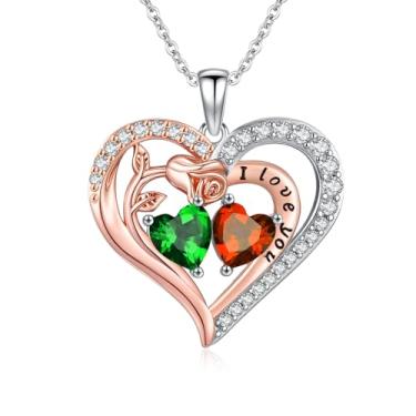 Imagem de WYDDO Colar de coração rosa para mulheres, pingente de pedra de nascimento duplo, presente de aniversário e Natal para sua esposa, mãe, filha, Base, Zircônia cúbica