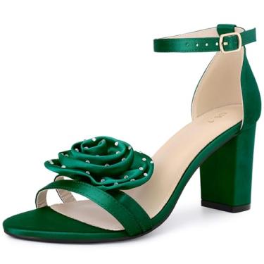 Imagem de Perphy Sandálias femininas de salto grosso com tira no tornozelo e cetim floral, Verde escuro, 35