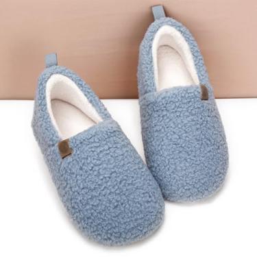 Imagem de Pantufas femininas de espuma viscoelástica para casa, aconchegantes e fechadas, com lã encaracolada, para ambientes internos e externos, Azul claro, 7 Women/5 Men