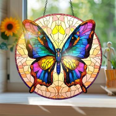 Imagem de Acrílico colorido apanhador de sol estilo vitral estampado animal borboleta com reflexos de arco-íris, decoração de janela pendurada arte de parede, ornamentos de primavera uso interno e externo 19,8