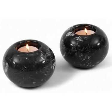 Imagem de SPESHSTONES Castiçal de mármore Tealight Suporte votivo feito à mão de pedra preta de 10 cm para mesas de Natal centros de mesa e decoração de quarto terroso, castiçal decorativo para decorações de