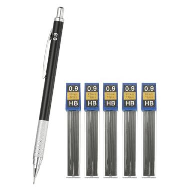 Imagem de PATIKIL Lapiseira de 0,9 mm, suporte mecânico de ponta larga para lápis de chumbo, suporte automático de metal com 5 refis para desenho, arte, esboço, marcenaria, preto