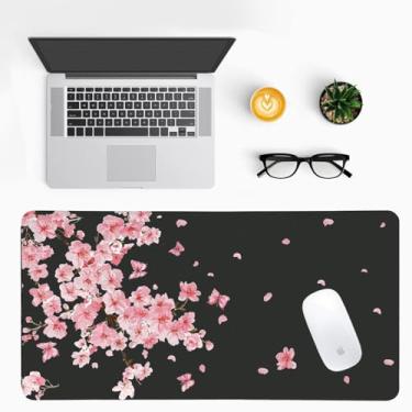 Imagem de Tapete de mesa rosa com flores de cerejeira, almofada de mesa clássica de couro sintético para mulheres – tapete de escritório grande antiderrapante para um espaço de trabalho elegante para jogos e
