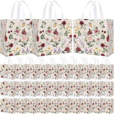 Imagem de Abbylike Pacote com 30 sacos de presente reutilizáveis com tema de flores silvestres rosa grande sacola de compras vintage sacola não tecida para casamento, aniversário, chá de bebê, férias, viagem