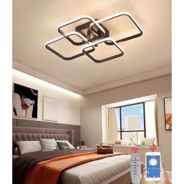 Imagem de Luminária de teto LED retangular para sala de estar, com intensidade regulável e controle remoto, ideal para quarto, escritório e restaurante (preta, 4 anéis).