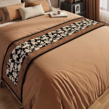 Imagem de HSTANGKY Lençol de cama de hotel corredor de cama luxuoso elegante marrom protetor de cama toalha de pé lavável para cama de casal queen king size 1||50 x 240 cm para cama de 1,8 m