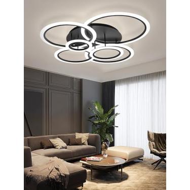 Imagem de Luminária de teto LED preta com design criativo em formato de anéis, moderna e regulável, com controle remoto, ideal para sala de estar, quarto, corredor e sala de jantar (6 anéis).