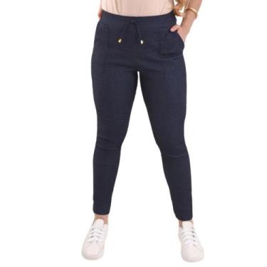 Imagem de Calça Jogger Jeans Feminina Bengaline Cintura Alta Bolsos Elegante - L