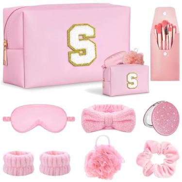 Imagem de Tindisonka Conjunto de presente para mulheres, bolsa de maquiagem inicial S, kit de spa rosa, conjunto de pincéis, faixa de cabeça e pulseiras para cuidados com a pele, lembrancinhas de despedida de
