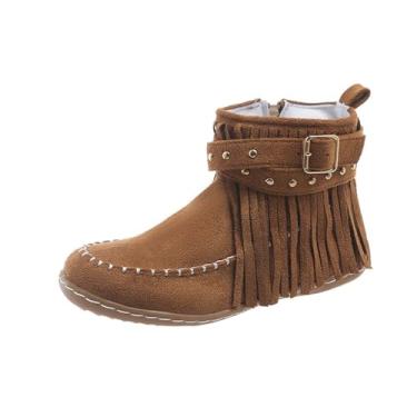 Imagem de Botas femininas modernas, casuais, versáteis, modernas, de inverno, com borla, com sola plana, fivela de cinto, zíper lateral e tornozelo, Marrom, 35