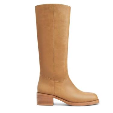 Imagem de Gothictor Botas femininas de cano alto banana bico quadrado salto grosso confortável salto baixo puxar na panturrilha larga botas longas para mulheres, Banana, 10 Wide