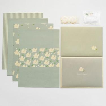 Imagem de Bloco de letras, flores, cartão de presente, faça você mesmo, cartão postal, papel de escrita, desejos de férias com adesivos, envelopes florais (verde)