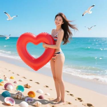 Imagem de Espreguiçadeiras flutuantes para piscina com coração, brinquedos de festa na praia divertidos, adereços de layout de cena de aniversário (vermelho).