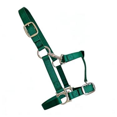 Imagem de ALLZSMOOTHLY Cabresto de cavalo de nylon macio resistente, acolchoado e ajustável, cabides de gancho de pressão para queixo e garganta para cavalos, fivela de metal resistente - verde escuro