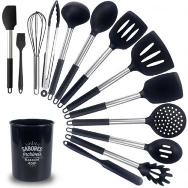 Imagem de Kit Utensílios Cozinha Silicone Conjunto Colheres Cabo Inox (Preto)
