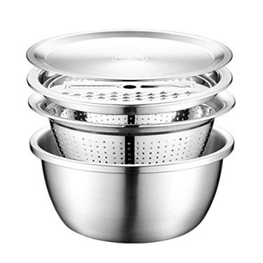 Imagem de U5GAAALPPQ9 Conjunto de 4 peças de tigela de aço inoxidável 304 com tampa conjunto de tigelas de mistura de salada para cozinha, cesta de dreno de lavagem, coador de pia de sopa