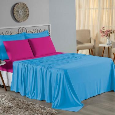 Imagem de Jogo De Cama King Nobre 4 Peças Lençol Com Elástico De 30cm De Altura Malha 100% Algodão - Turquesa / Pink
