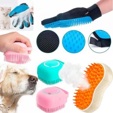 Imagem de Kit Banho Lava Pet Escova Vapor Luva Tira Pelos Esponja Dispenser de S